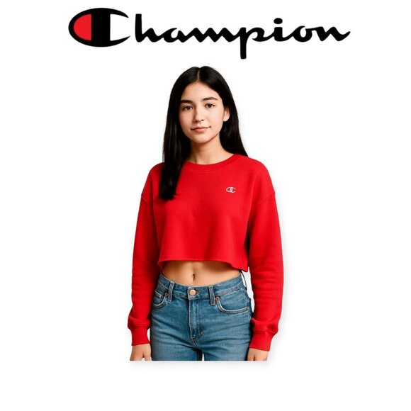 Champion Tops - Champion XL Tomato Red Reverse Weave Cropped Sweatshirt Oversized Crewneck